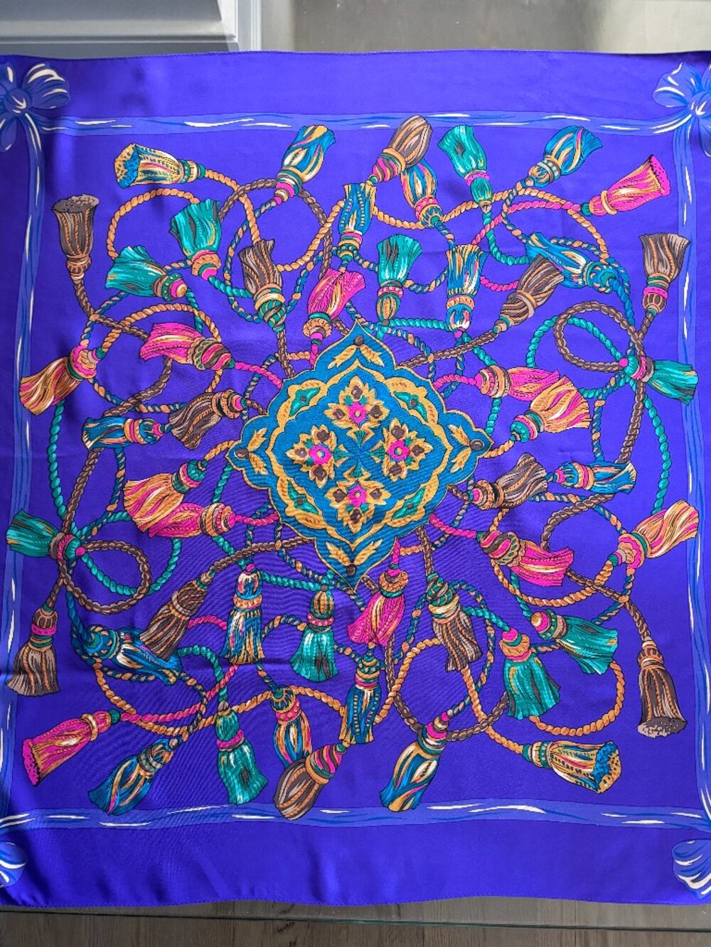 Silk Vibrant,Tassel Design-Inspired Statement Scarf, Purple,Teal,Pink,Gold - Picture 3 of 6